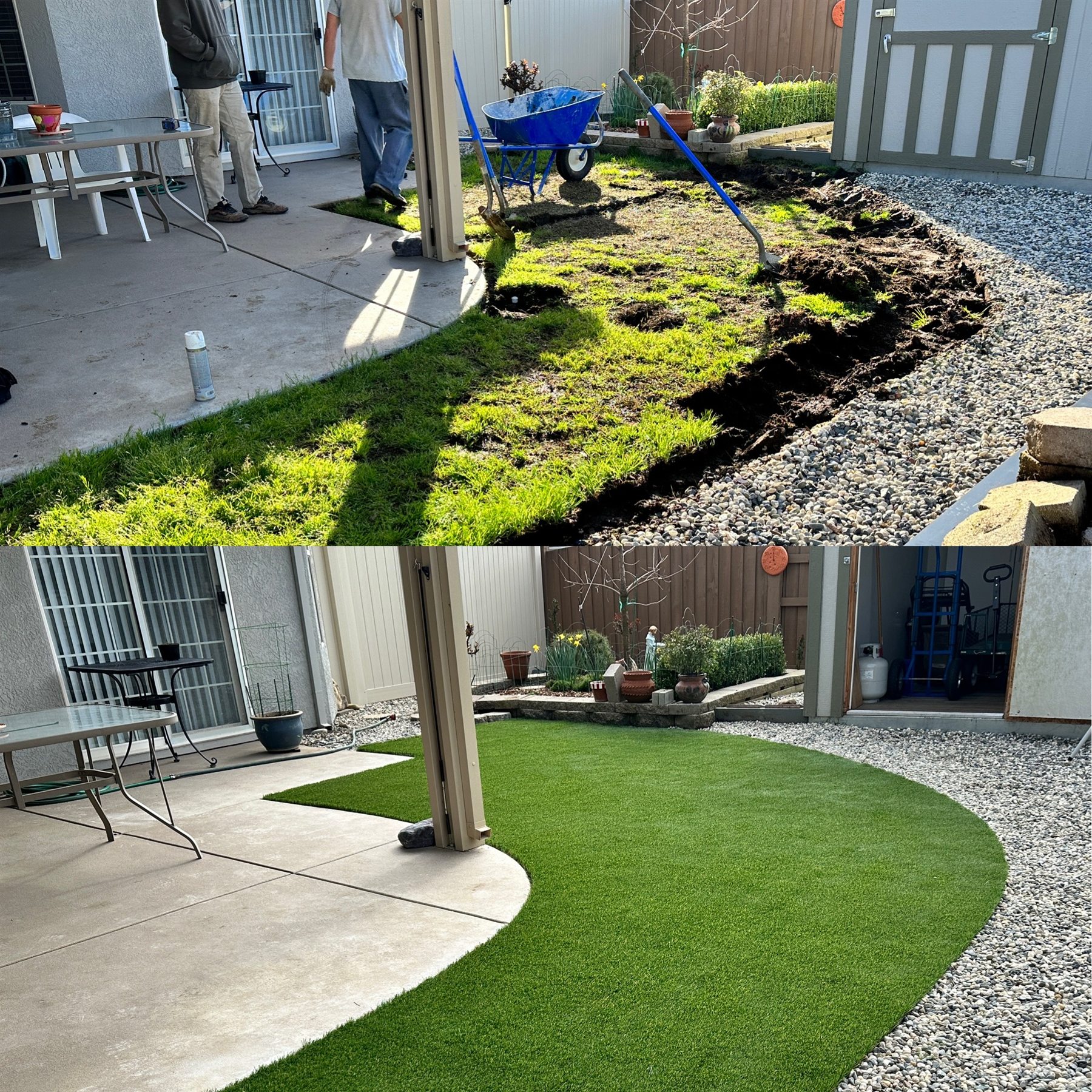 Before and after small backyard artificial turf installation
