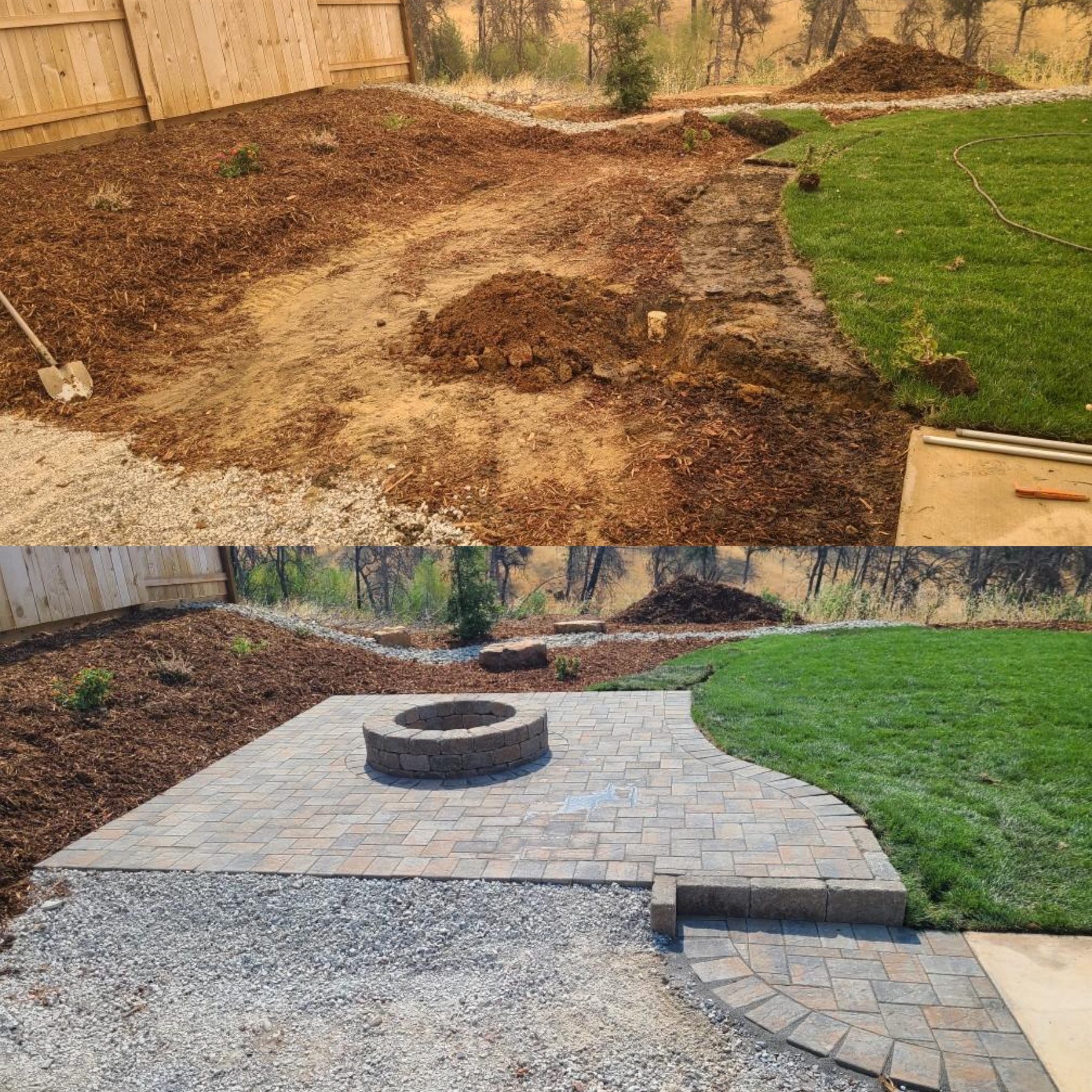 Before and after fire pit and lawn installation
