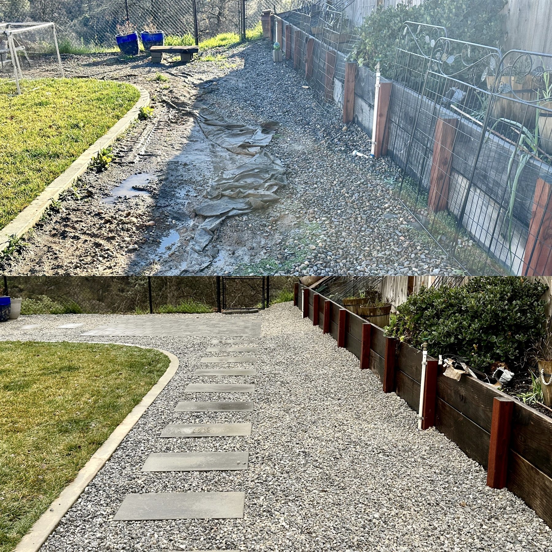 Before and after French drain and paver step installation