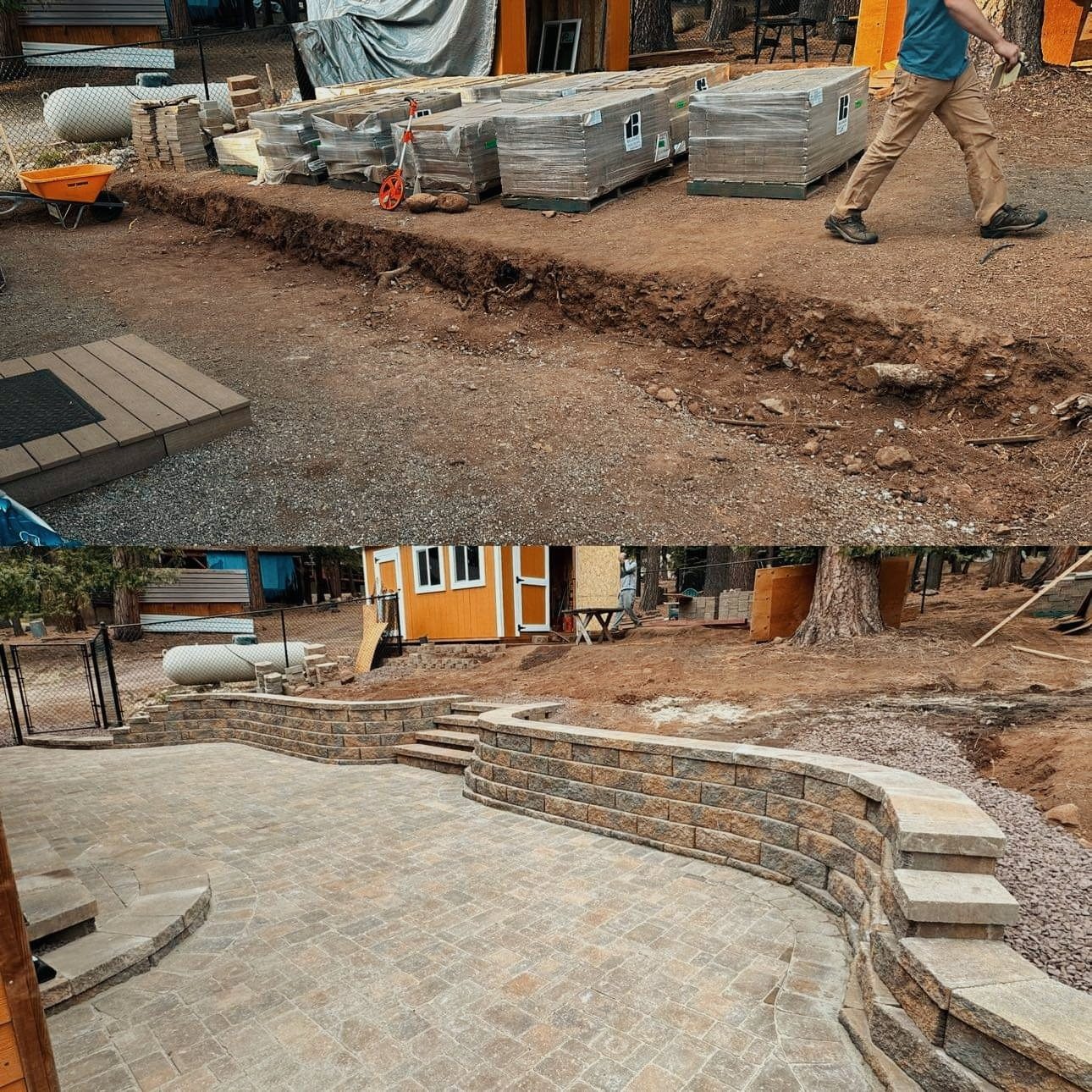 Before and after raised patio and wall construction