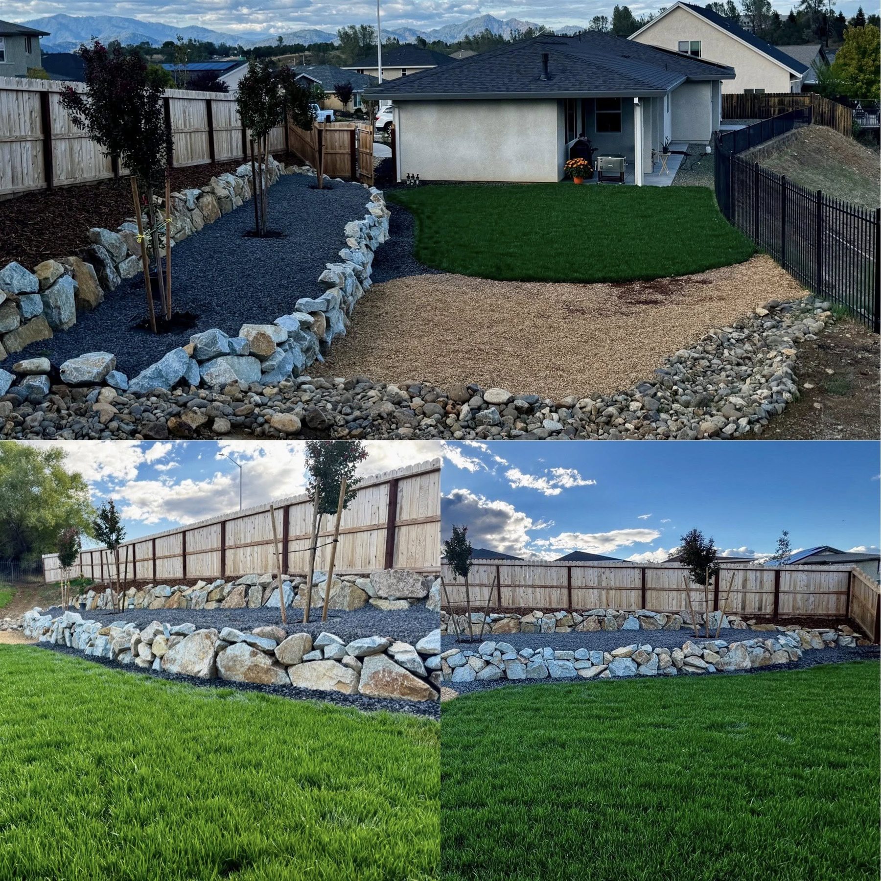 Before and after backyard rock, lawn and tree installation