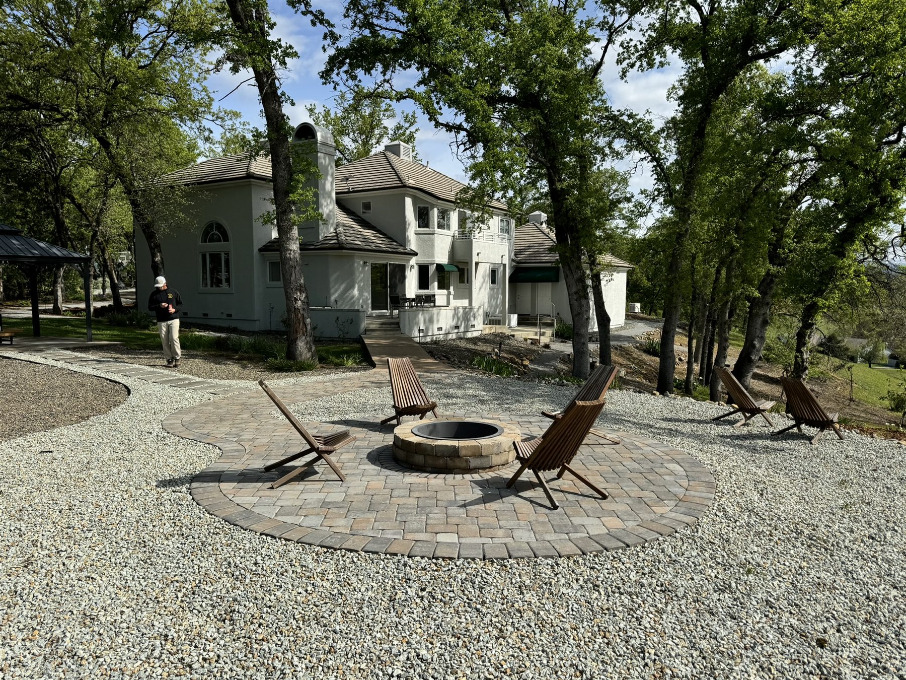 Finished low-maintenance landscape with rock and seating