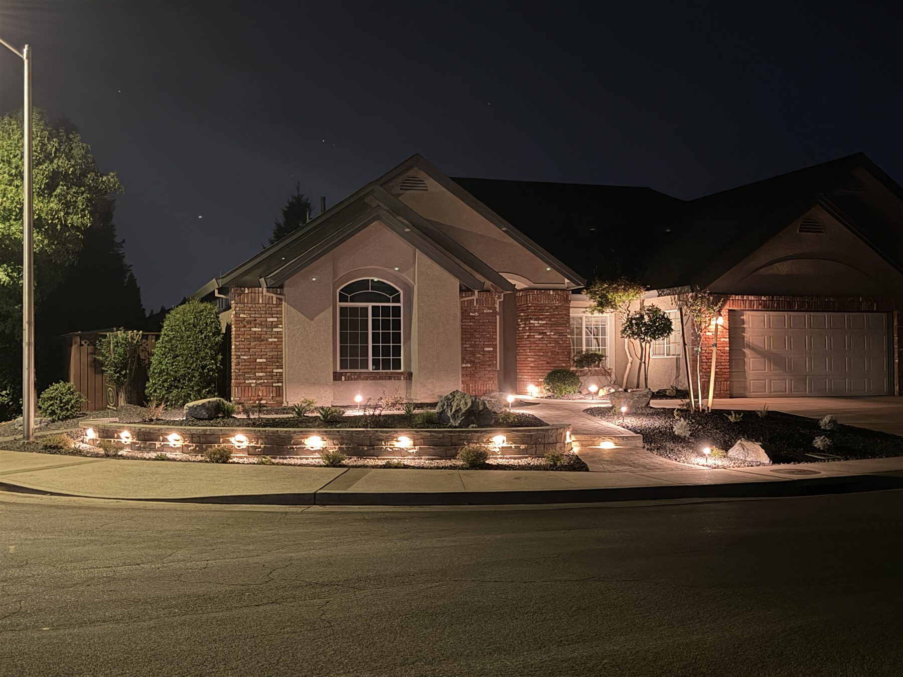 Finished front landscape illuminated at night