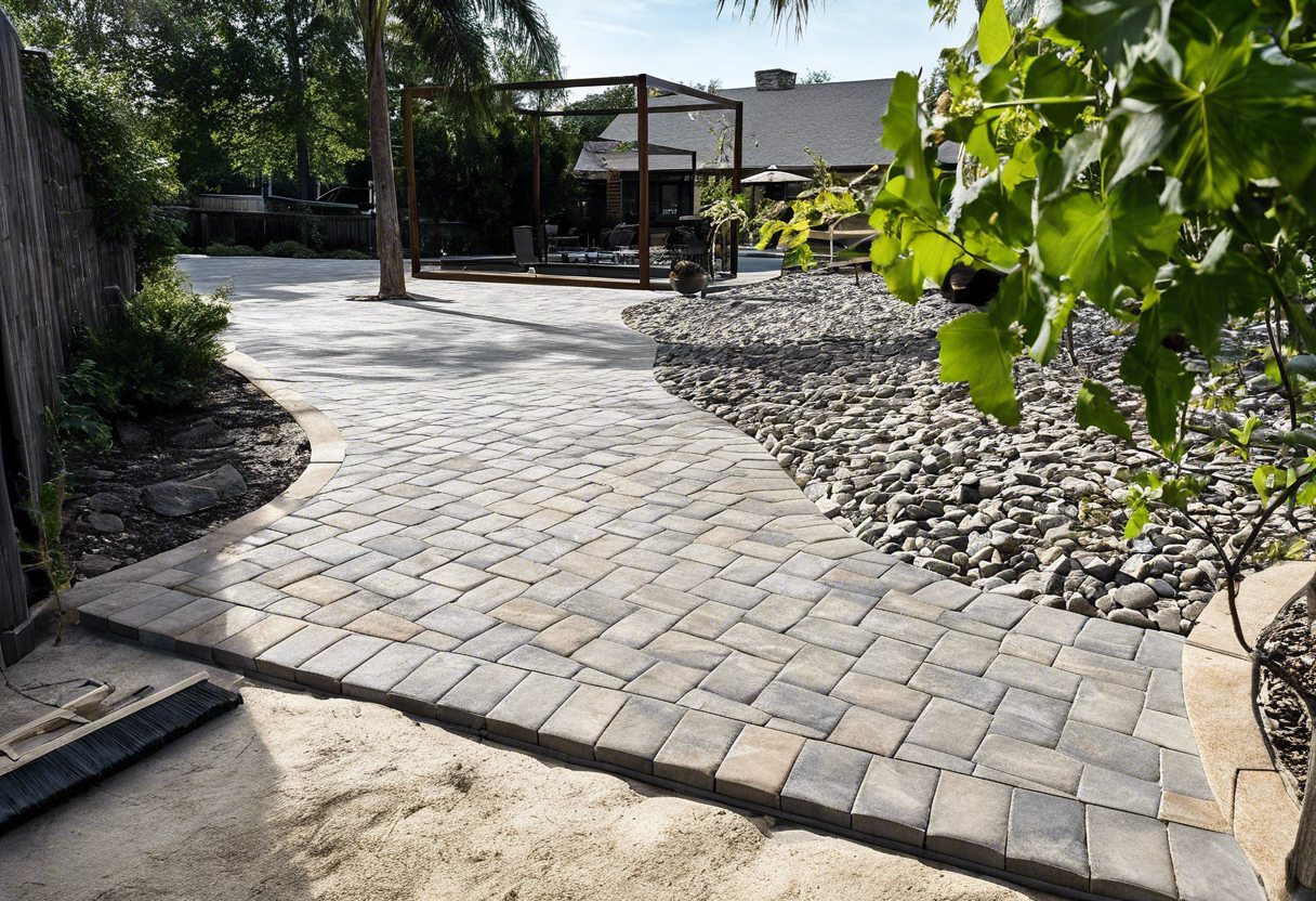 Finished paver pool deck surrounded by landscaping